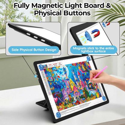 Heanolier Rechargeable A4 Light Board with Stand, 7100Lux Super Bright Magnetic Light Pad with Side Buttons, Wireless Light Box for Tracing, LED Light Table for Diamond Painting,Sketching,Drawing