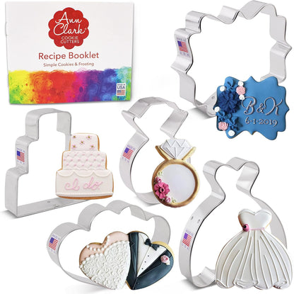 Ann Clark Wedding Cookie Cutters 5-Pc Set Made in the USA - Square Plaque, Wedding Cake, Dress, Diamond Ring, Double
