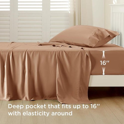 Bedsure Cooling Twin XL Sheets - Breathable Rayon from Bamboo | Soft, Deep Pocket Up to 16 Inches, Khaki