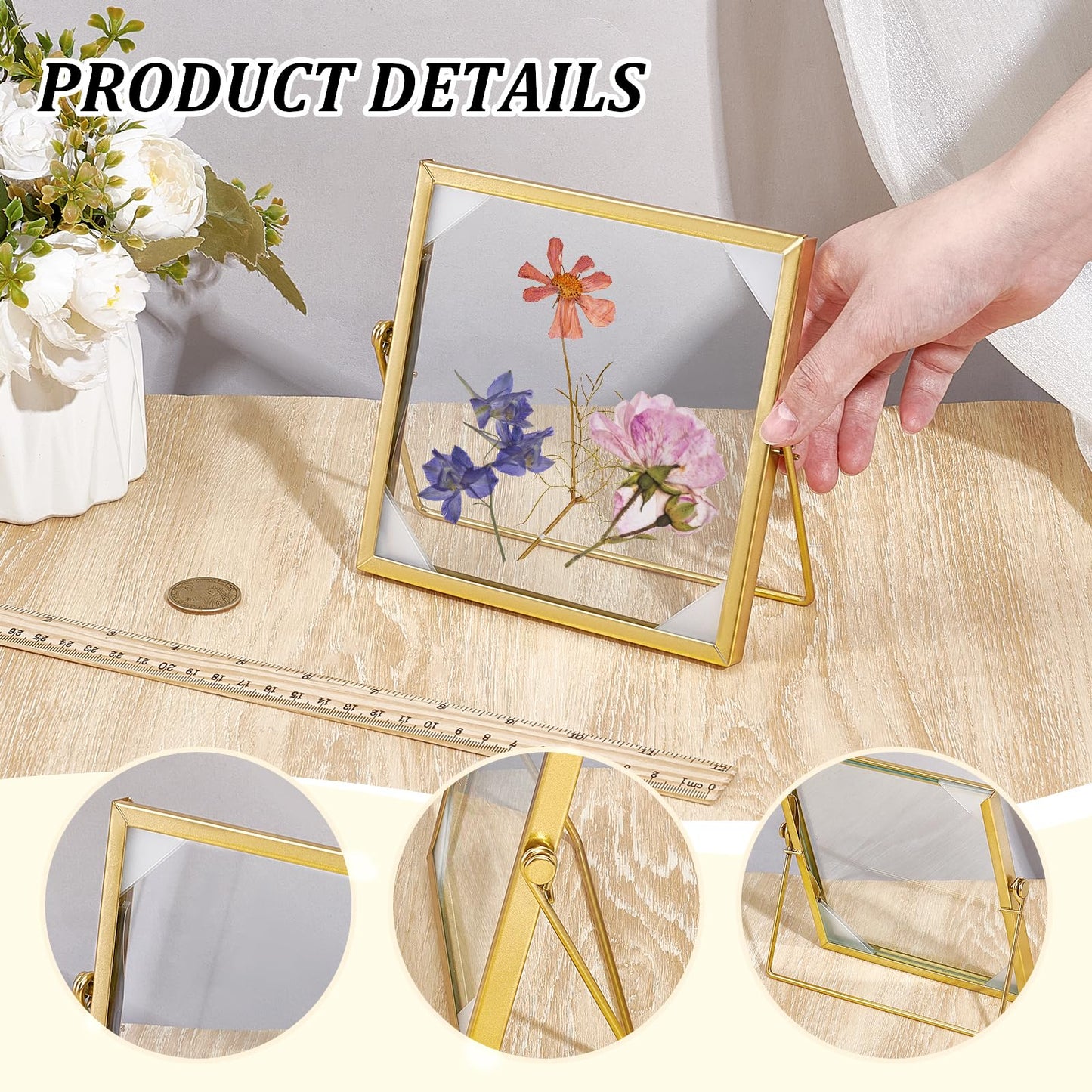 GLASSWINDS 4Pcs Pressed Flower Frame, Double Glass Frame for Pressed Flowers Handmade, 6x6 Inches Clear Glass Picture Frames, Gold Floating Frames for Press Flower Tabletop Display DIY Birthday Gift