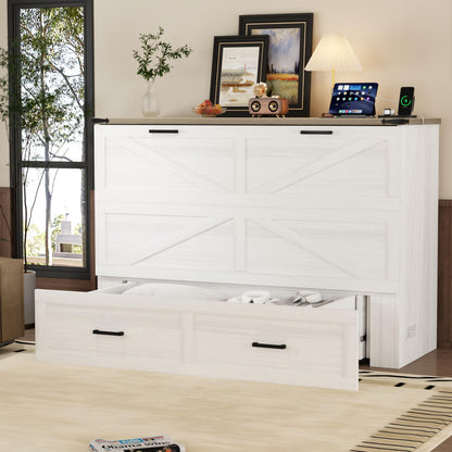 Ball & Cast Murphy Bed Queen,Farmhouse Hideaway Cabinet Bed with Charging Station and Large Storage Drawer,Foldable Wall Murphy Beds w/Slat Support,Space-Saving Furniture for Study,Office,White