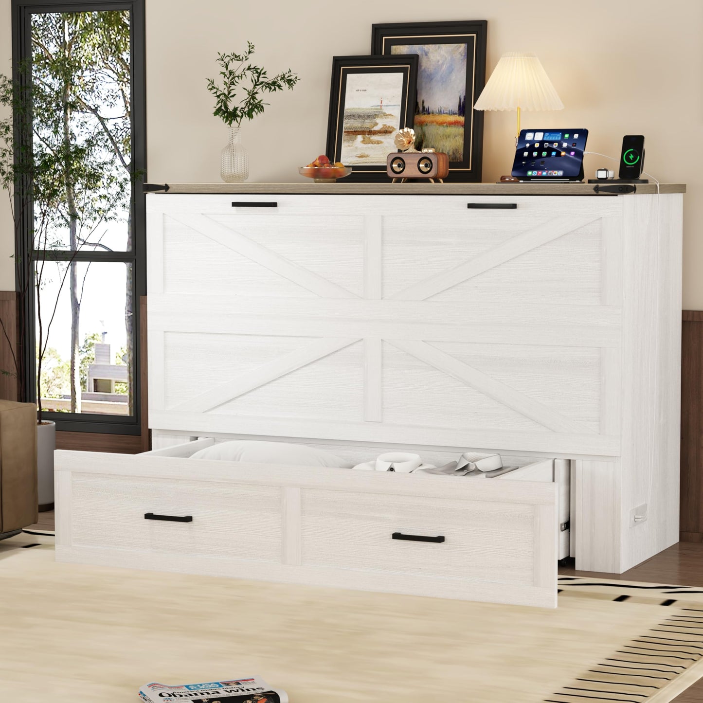 Merax Modern Farmhouse Solid Wood Murphy Cabinet Bed with Charging Station, Foldable Wall Platform Bed with Storage Drawer/No Box Spring Needed/Easy Assemble/Full, White