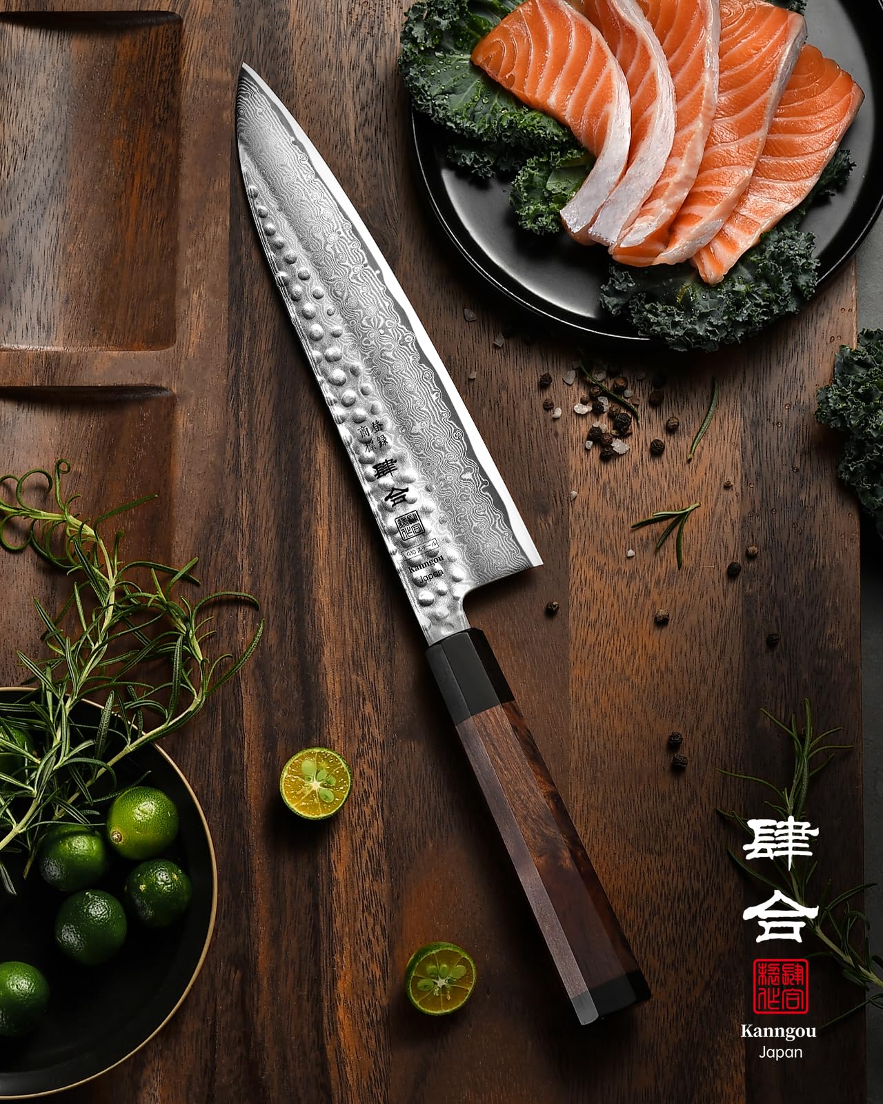 kanngou VG10 Damascus Chef Knife, 8.27 Inch Gyuto Knife with Rose Wood Handle and 67 Layers Damascus Steel, Japanese Kitchen Knife with Premium Gift Box