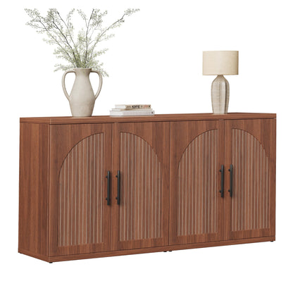 MapleGrace 63" Fluted Buffet Cabinet with Storage, Mid-Century Symmetrical Arched Sideboard Credenza with Adjustable Shelf, Large Wood Console Table for Dining Room, Kitchen, and Living Room (Walnut)