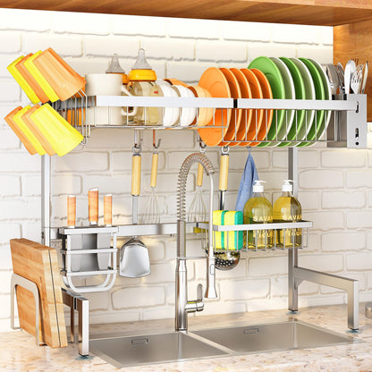 Over The Sink Dish Drying Rack, Full Stainless Steel 2-Tier Kitchen Counter Dish Drainer Rack Adjustable (33.8 to 41.5 inch), Expandable Dish Drying Rack with Kitchen Accessories, Silver