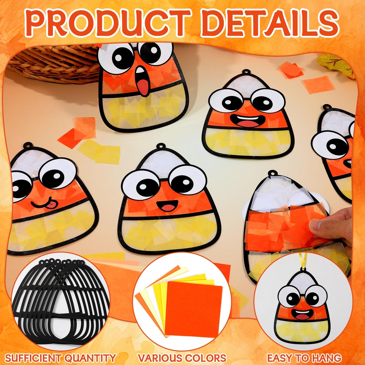 36Pcs Halloween Suncatchers Craft for Kids DIY Candy Corn Tissue Paper Craft set DIY Stained Glass Effect Paper Sun Catcher for Window Classroom Activities Halloween Party Decorations Favors