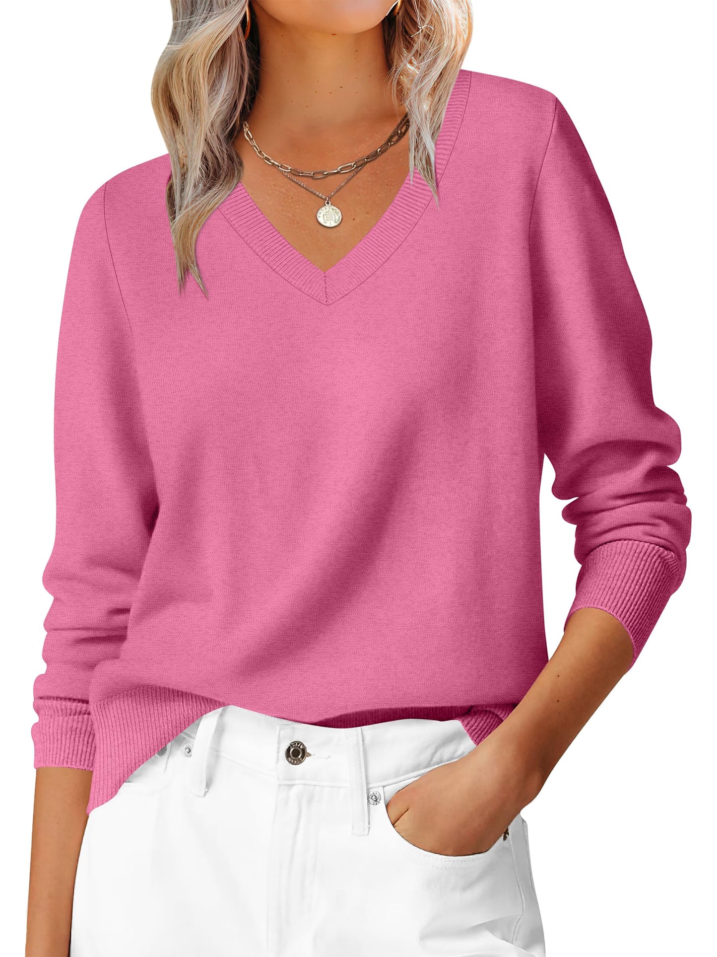 ANRABESS Womens Long Sleeve V Neck Sweaters 2025 Fall Casual Classic Soft Loose Fit Basic Pullover Jumper Top