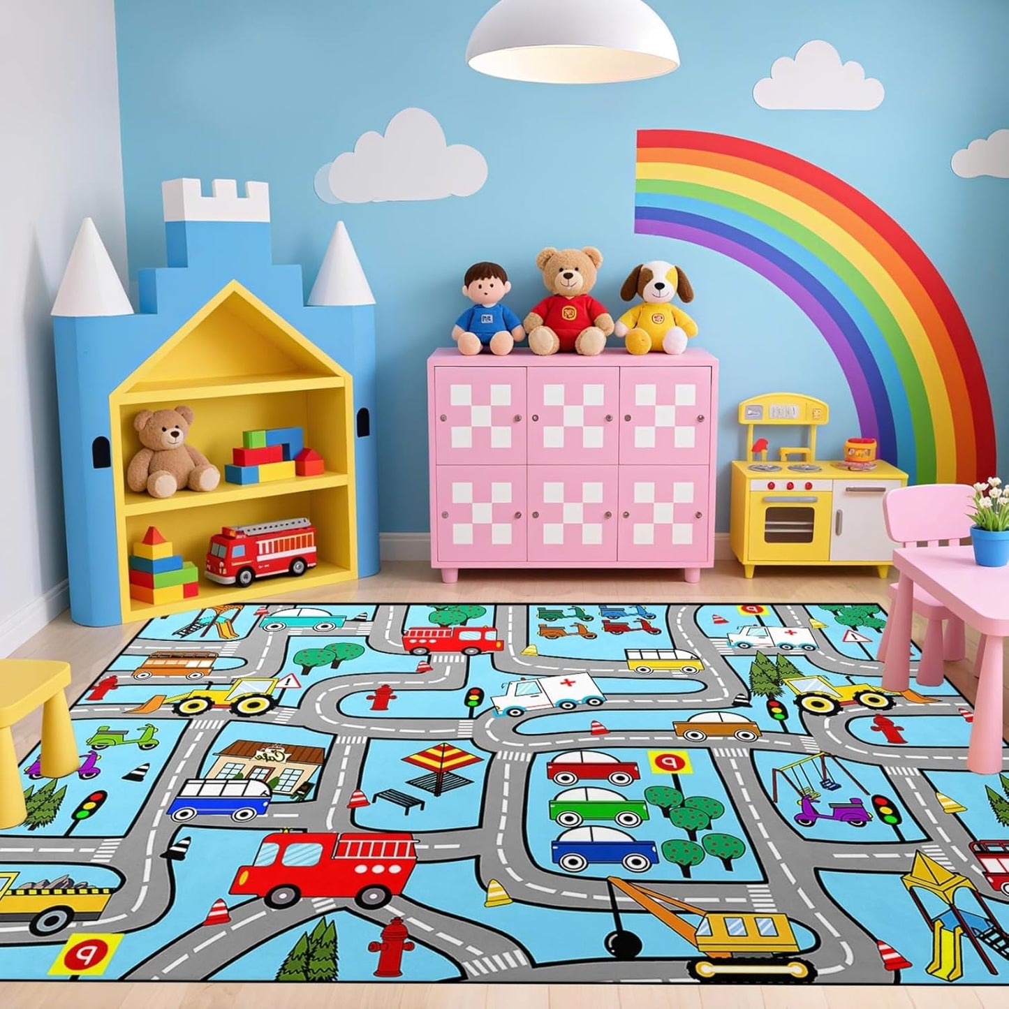 5x7 Interactive Feet Car Road Rug for Kids' Playroom