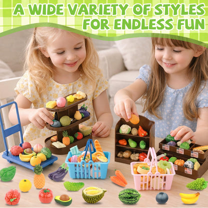 Mini Shopping Cart Basket, Miniature Grocery Toys 3 Supermarket Shelves Play Store 100+ Fruit Vegetable Cake Bread Mini Food Miniature Dollhouse Accessories with Push Cart