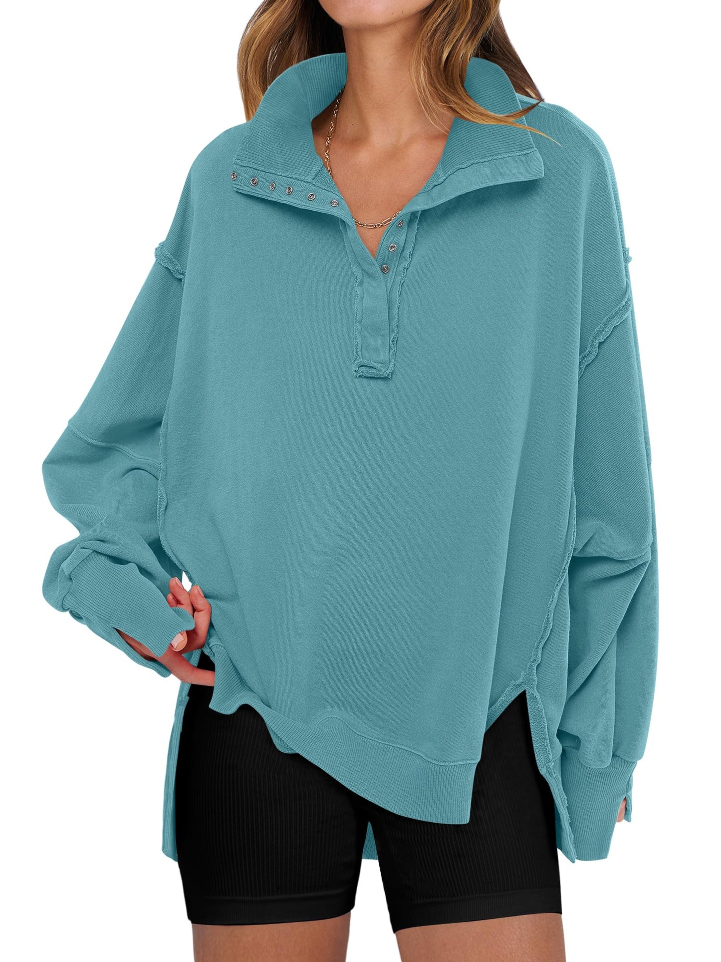 ANRABESS Women's Sweatshirts Oversized Casual Loose Button Up Henley Pullover Top High Low Split 2025 Fall Fashion Outfits