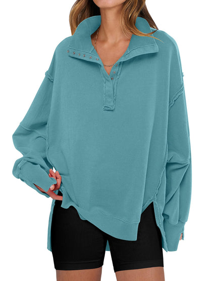 ANRABESS Women's Sweatshirts Oversized Casual Loose Button Up Henley Pullover Top High Low Split 2025 Fall Fashion Outfits