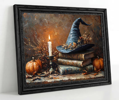 Black Framed Halloween Witch Hat With Book Canvas Wall Art 9X11in