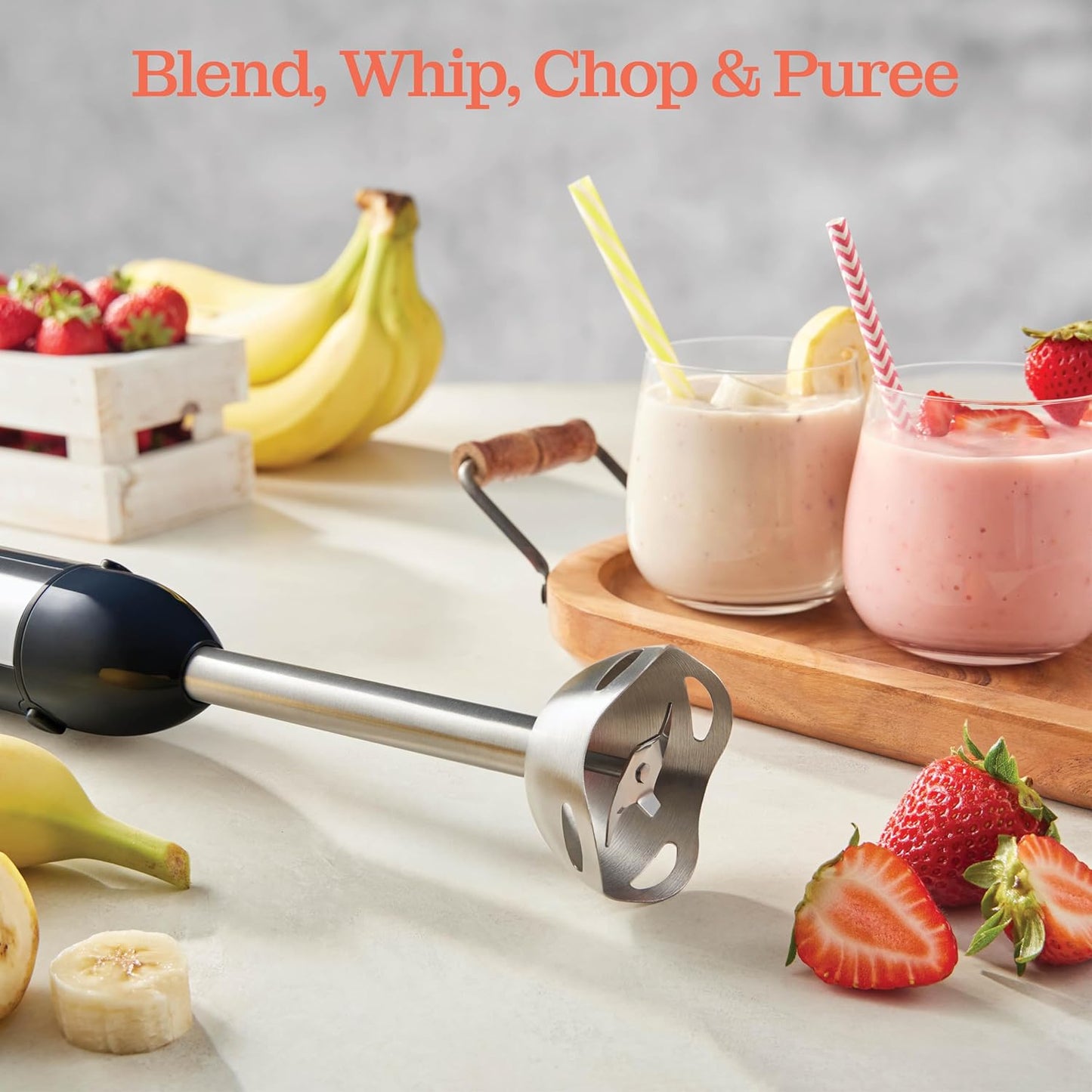 Powerful 500 Watt Immersion Blender, Electric Hand Blender with Turbo Mode, Detachable Base for Smoothies and Puree
