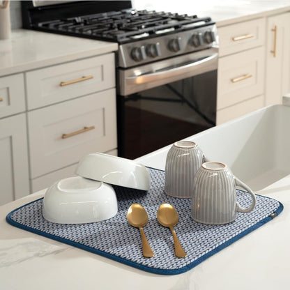 S&T INC. Dish Drying Mat - Absorbent Microfiber Kitchen Counter Pad | 16” x 18” | Large Blue