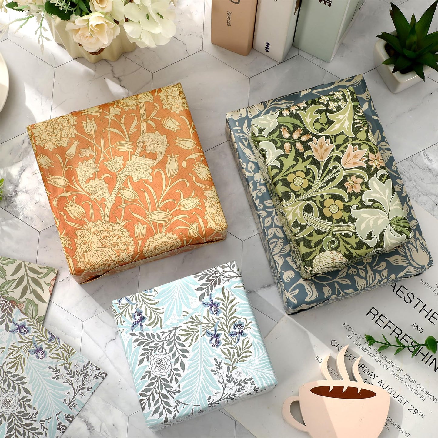 JarThenaAMCS 12 Sheets William Morris Wrapping Paper -Not Roll- Retro Floral Greenery Gift Wrap Paper Folded Flat Art Sheet for DIY Crafts Wedding Baby Shower Birthday, 19.7 x 27.6 Inch