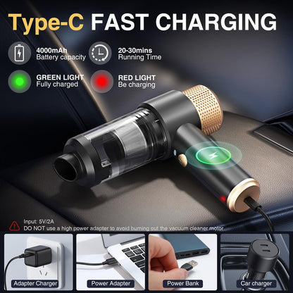 Dealswin Handheld Vacuum Cleaner Cordless, 4 in 1 Car Vacuum Cleaner Portable Air Duster with LED Light Multi-Nozzles 15000Pa Hand held Vacuum for Car Home Office Pet (Black)