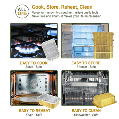 MESTAEK 8.5" x 6.5" Heavy-Duty Aluminum Foil Pans with Lids, 47oz, 5 Pack – Extra-Thick Disposable Foil Containers for Oven, Baking, Freezer & Food Storage