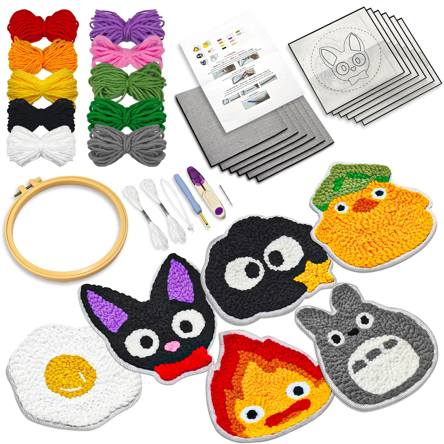 PUNICA Punch Needle Kit for Beginners, Kids & Adults Coaster Set of 6, Easy DIY Embroidery Set Starter Craft Gift with Cute Cartoon Decoration