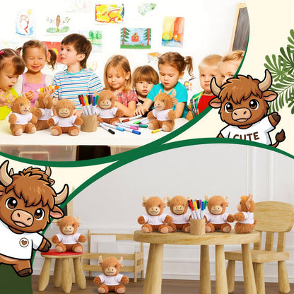 Blueweenly 24 Pcs 6 Sets Make Your Own Stuffed Animal Highland Cow Kit Including 6 Inches Soft Cow Plush with White T Shirt and 12 Colors Pens for Birthday Favors Forest DIY Crafting Gifts