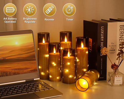 Enido Flameless LED Candles with Remote & Timer, Battery Operated Acrylic Pillar Set, 5 Pc Flickering Electric Lights with Embedded Star String for Cozy Home & Holiday Romantic Decor (Grey)