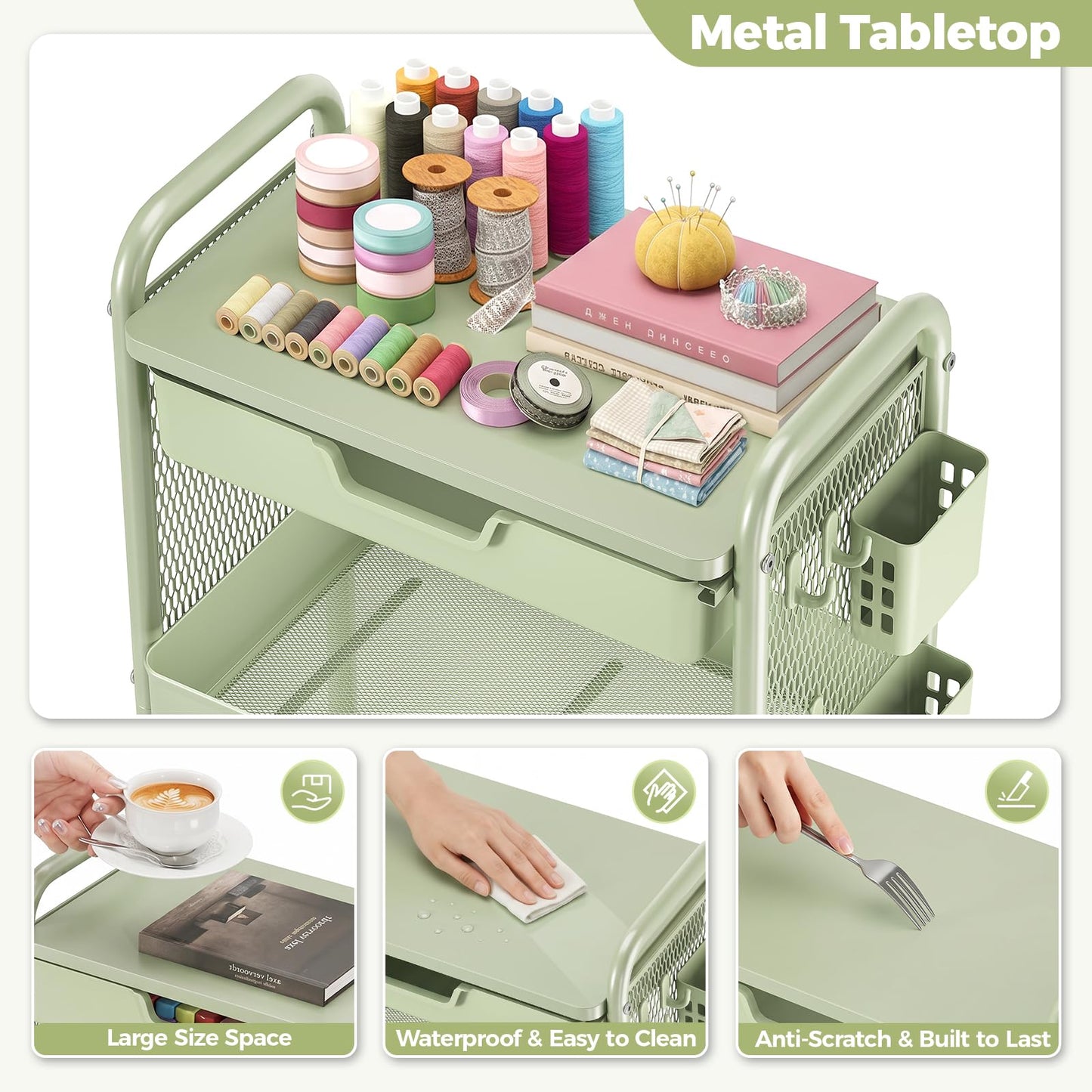 Rolling cart with Drawers - 3 Tier Metal Multifunctional Storage Organizors on Wheels with Tabletop, Hooks & Basket, Sturdy Craft & Art Cart for Bathroom, Bedroom, Children Room, Green