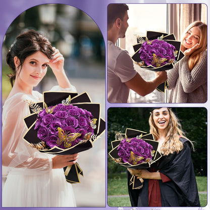 Tobilu Glitter Roses Bouquet - DIY Artificial Flower Bouquet Kit with Fake Rose Butterfly Stems Cards for Gifts Mother's Day Valentine's Day Anniversary Birthday, 24 Roses, Purple
