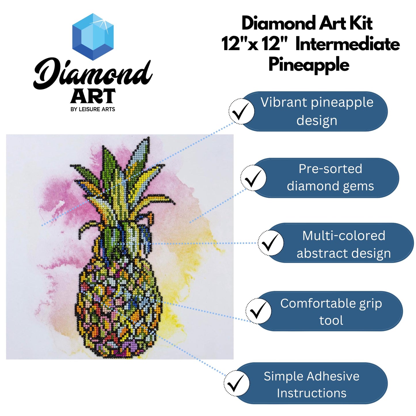 DIAMOND ART BY LEISURE ARTS Pineapple, 12"X12", Intermediate Diamond Painting Kits for Adults, Art for Adults, Kit, Painting