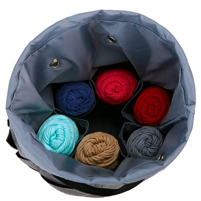 HOMEST Large Crochet Bag with Customized Front Compartment for Knitting Accessories, Yarn Storage with 6 Oversized Grommets, Tote Organizer with Drawstring Closure, Gray