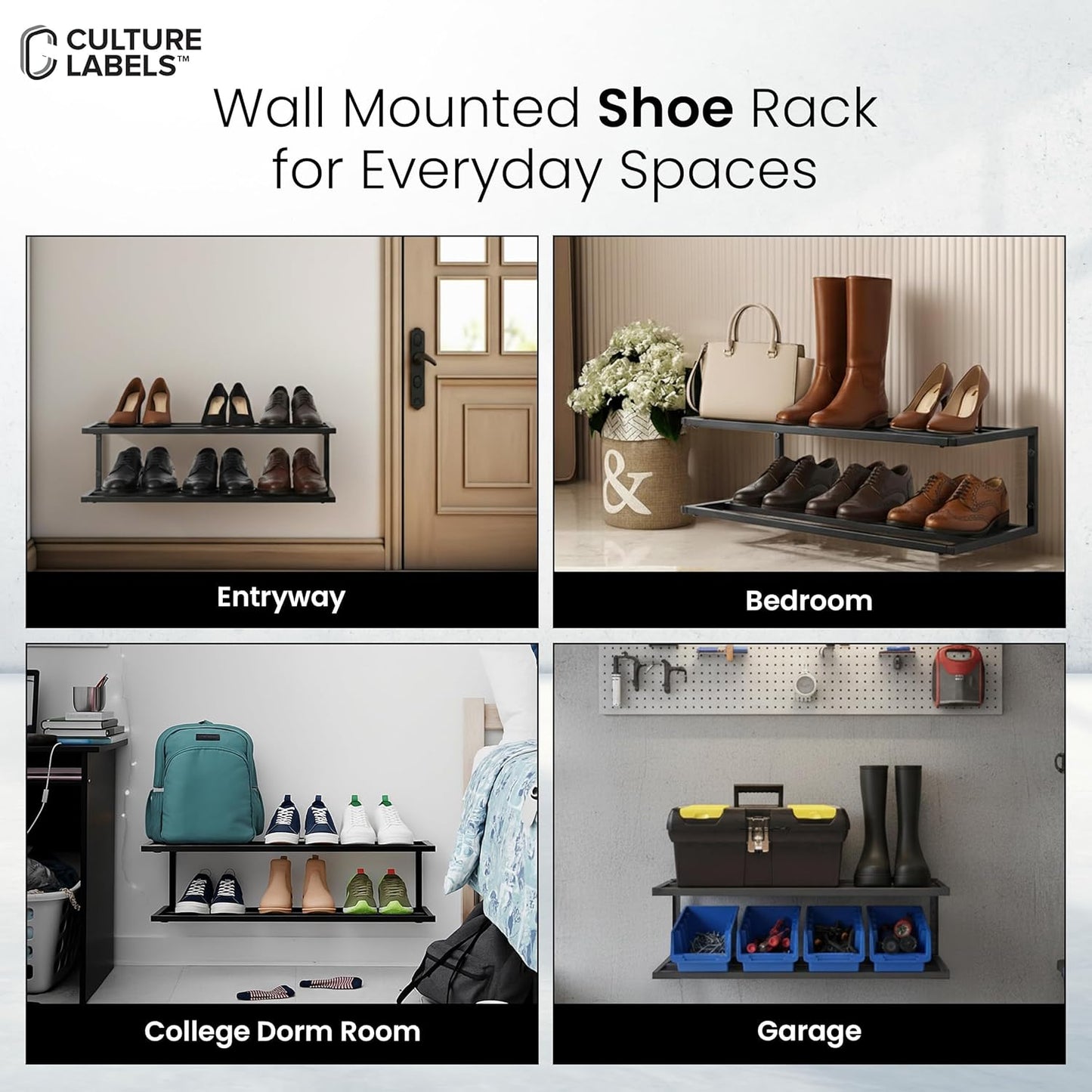 CULTURE LABELS 2 510 Wall Mounted Shoe Rack - Modern Tier Shoe Hanger with Easy Minute Assembly - Space Saving Stylish
