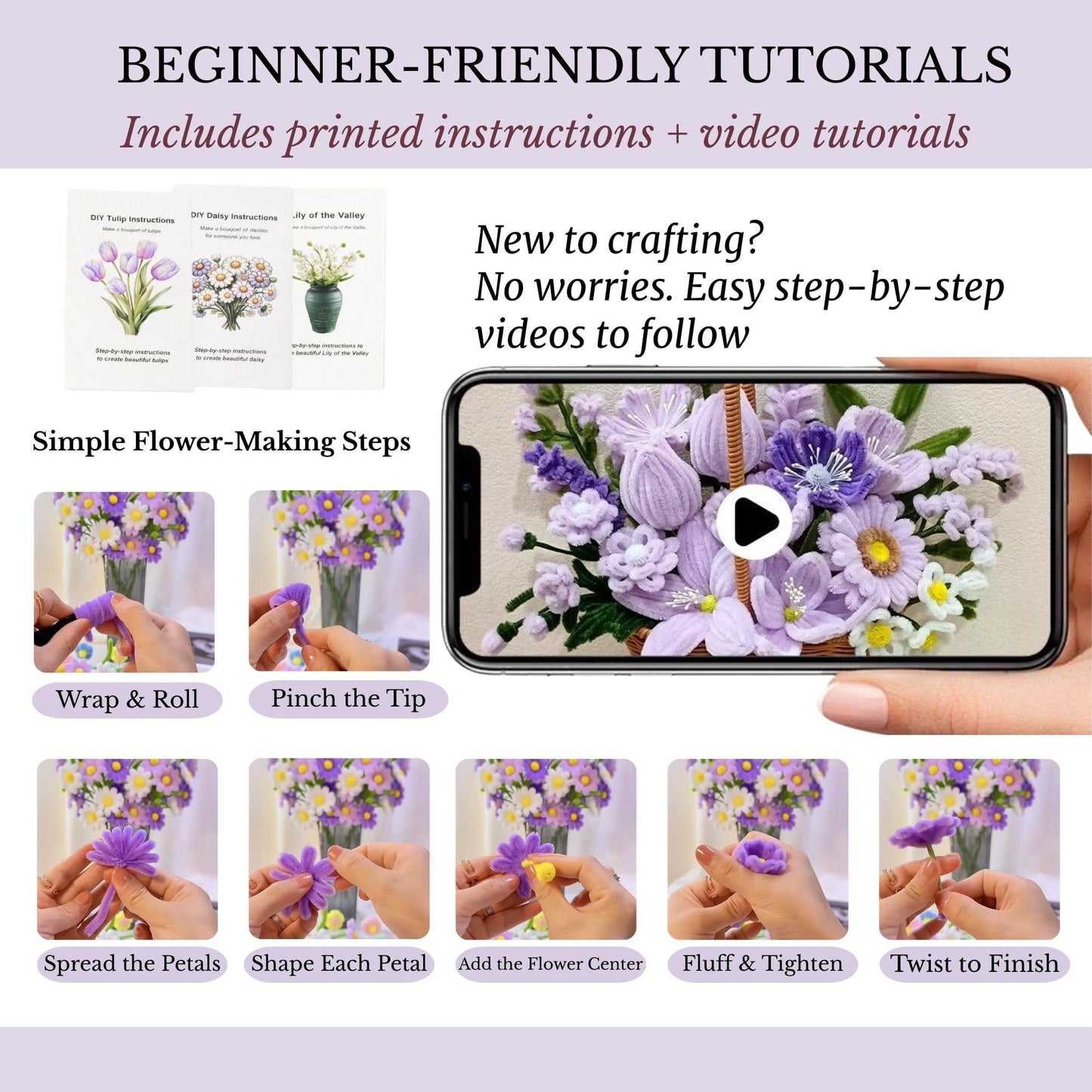 Rochoseng Pipe Cleaner Flower Kit 1000 PCS DIY Bouquet Craft Set Chenille Stems Flower Making Kit with Tools and Tutorials for Beginners and Craft Lovers