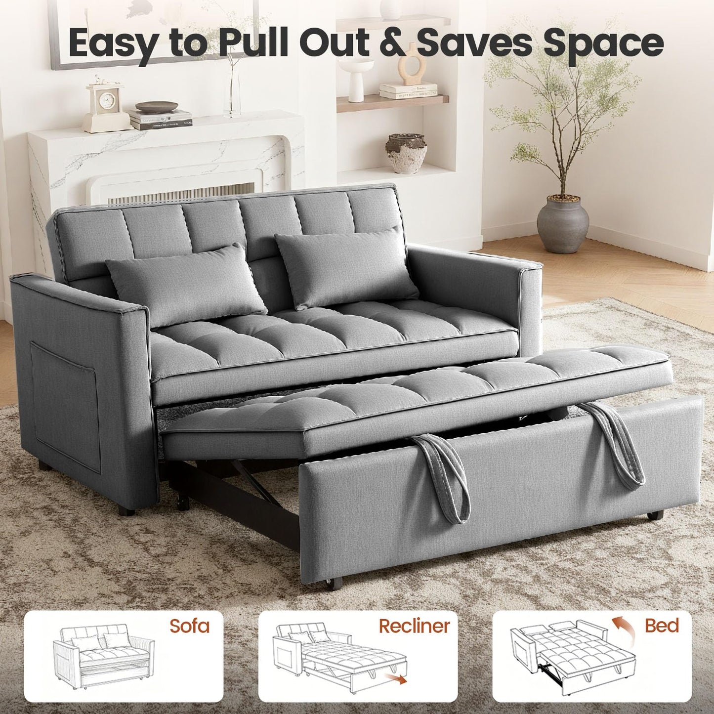 Trygoal 3 in 1 Convertible Sofa Bed, Love Seat Sleeper Bed with Side Pockets, Velvet Fabric Pull Out Couch with Adjustable Backrest for Living Room, Bedroom, Gray Apartment, Gray