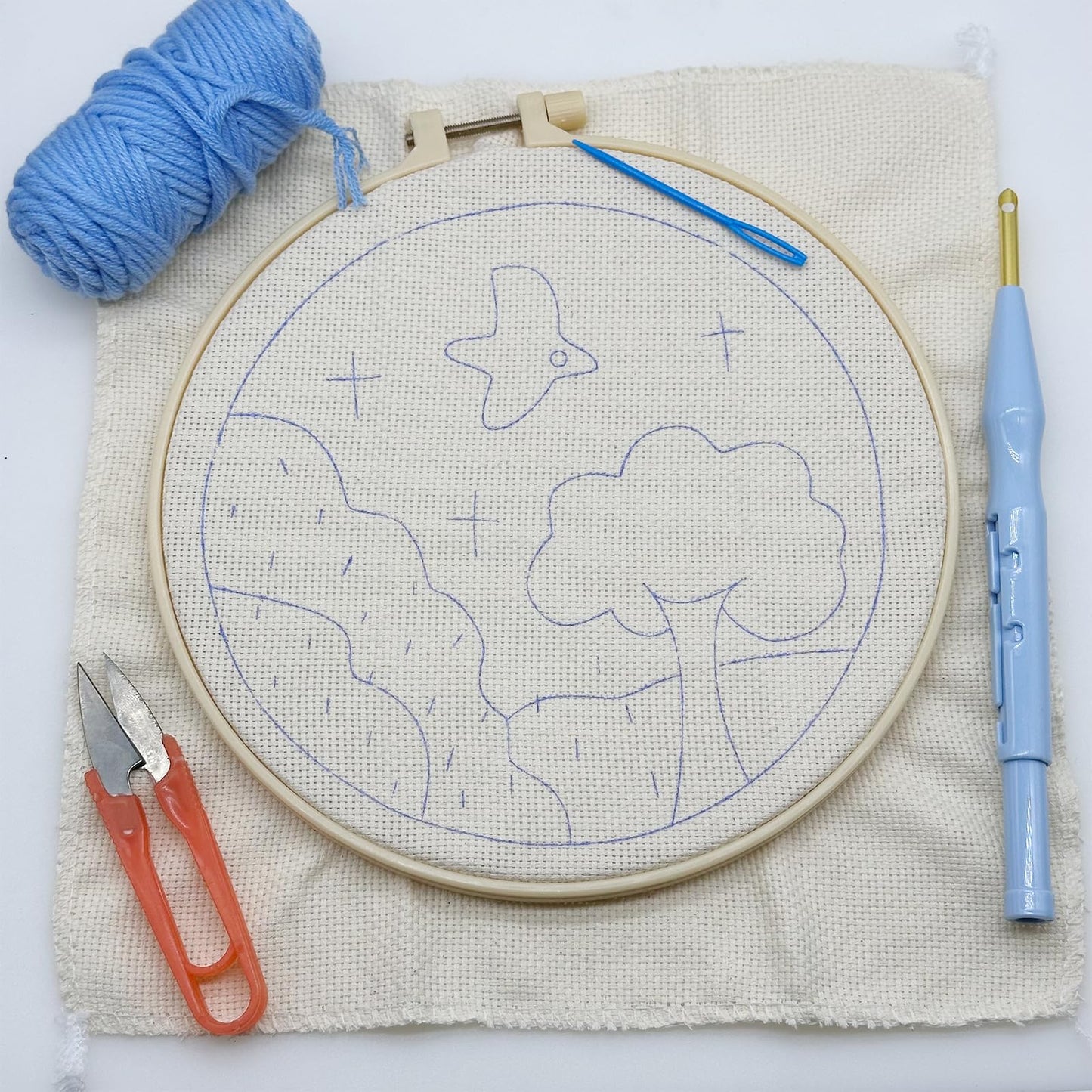 Woohome Punch Needle Kit Included Plastic Hoops, Punch Needle Cloth, Color Yarn and Punch Needle Tools for Adults, Beginners (Moon and Trees)