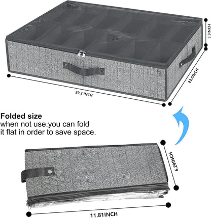 Under Bed Shoe Storage Organizer for Closet - Fits 24 Pairs, Set of 2 with Clear Cover (Herringbone Grey)