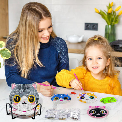 ZTOTZ Cat Diamond Art Painting Coaster Kit, 8Pcs DIY Cute Cat Face Diamond Crafts Kit with Holder, Non Slip Coaster Art Supplies for Adults, The Perfect Christmas and Holiday Gifts