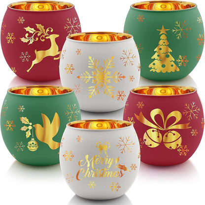 Skiennix Christmas Votive Candle Holder Set - 6 Red, Green & White Glass Tealight Holders with Laser Engraved Patterns for Festive Table Decor