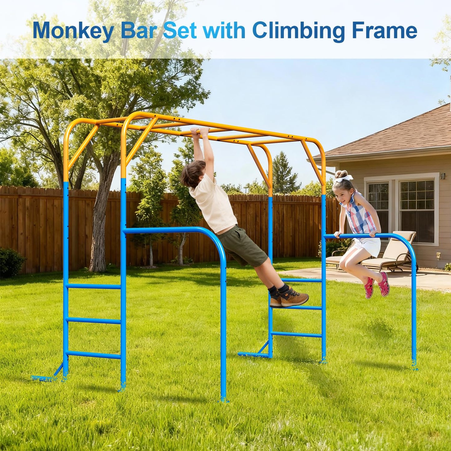 DOLEMODUO Large Monkey Bars for Kids, Outdoor Monkey Bar Set with Climbing Frame, Heavy-Duty Metal Playground Climbing Playset for Backyard, Kids Jungle Gym for Aged 3+