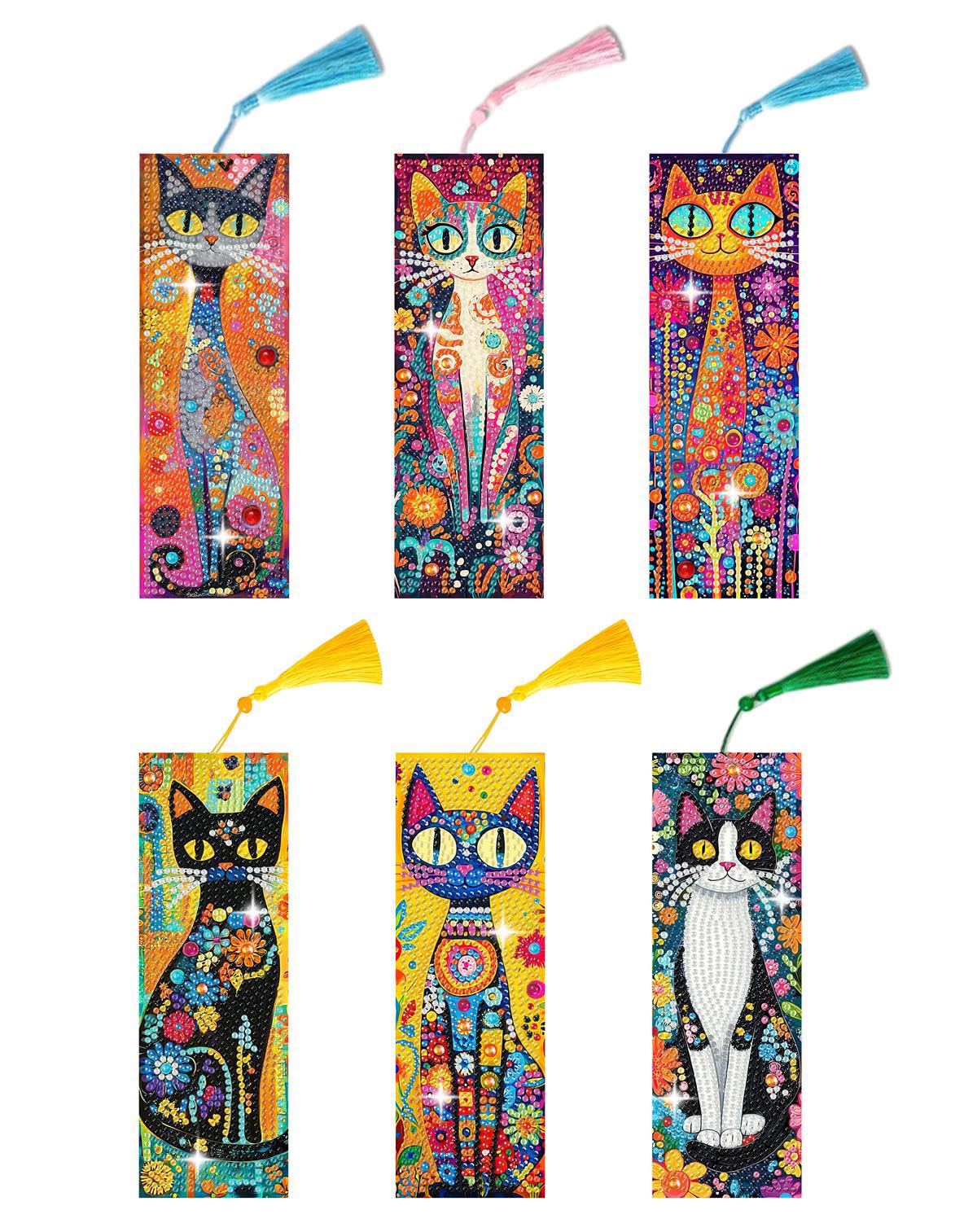 Puraikcmi 6 PCS 5D DIY Diamond Art Bookmarks Kit Cats Diamond Paintings Bookmarks Kits with Tassels Acrylic, Rhinestone Crafts Decoration Gift Set for Book Lovers Beginners & Adults