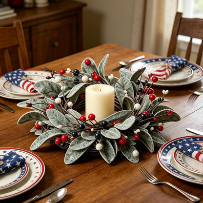 4 PCS Patriotic 4th of July Candle Rings Wreaths Independence Day Candle Rings Holder with Red White Blue Berries & Lamb's Leaves Mini Memorial Day Labor Day Wreath for Home Table Centerpiece Decor