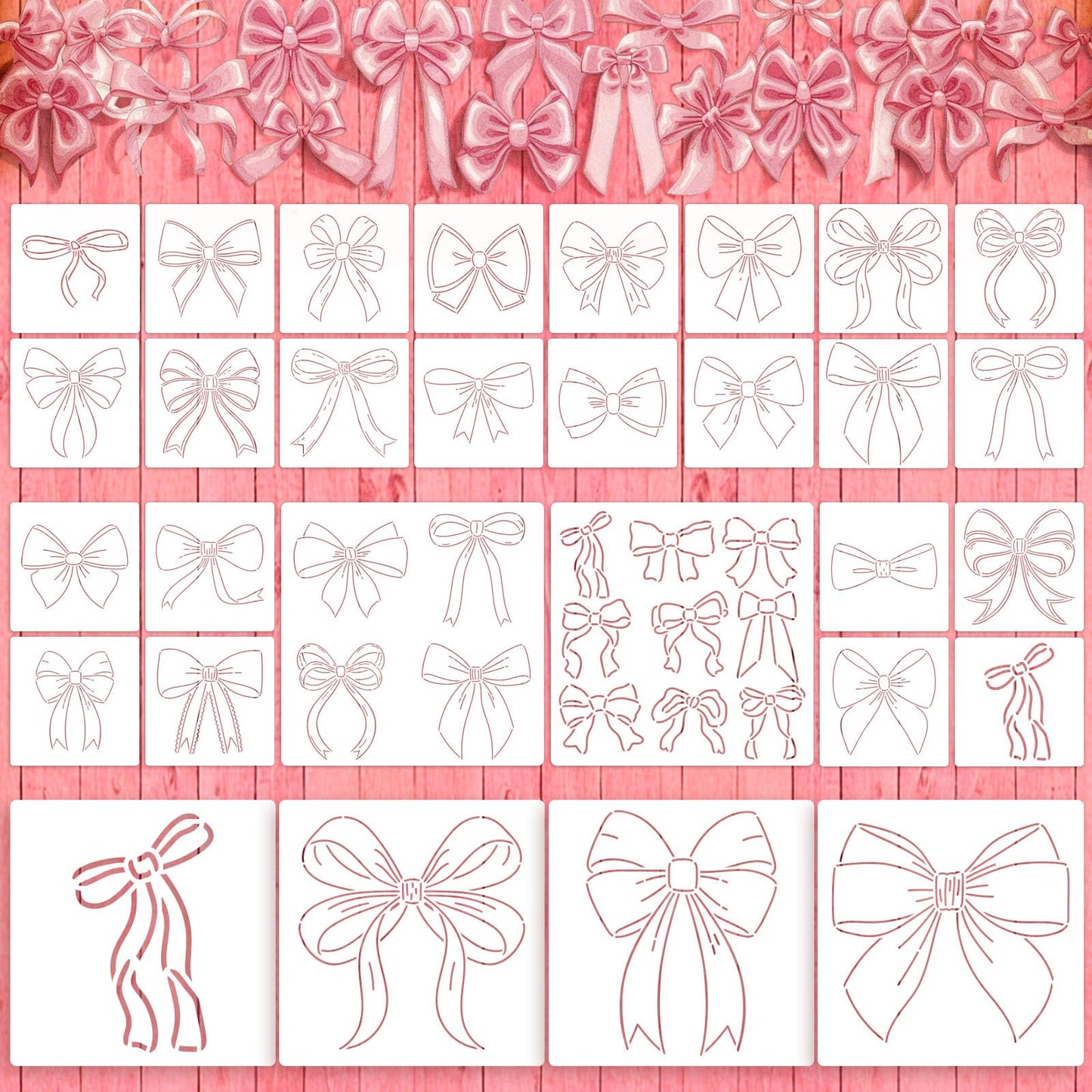 30 Pcs Pink Bow Stencils Templates for Painting Reusable Bow Painting Stencils on Wood, Doormat,Floor, Wall DIY Farmhouse Home Decor 3.94"/7.87"