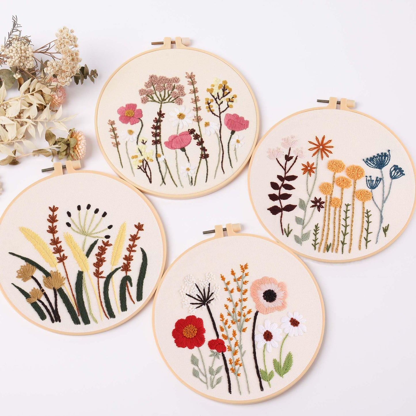 REEWISLY 4ps Embroidery Starter kit with Flowers Patterns and Instructions, DIY Adult Beginner Cross Stitch Kits, Including 2 Plastic Embroidery Hoop, 1 Pair of Scissors, Colored Threads and Needles