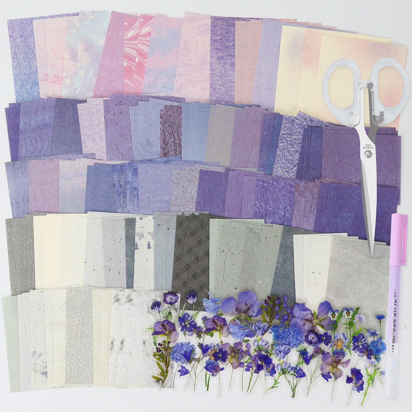 Koqye 215PCS Aesthetic Scrapbook Paper Pack, Junk Journal Supplies Starter Kit with Floral Stickers, Scissor, Quick Dry Glue Pen, Scrapbook Kit for Planner DIY Arts Craft Collage(Mystic Amethyst)