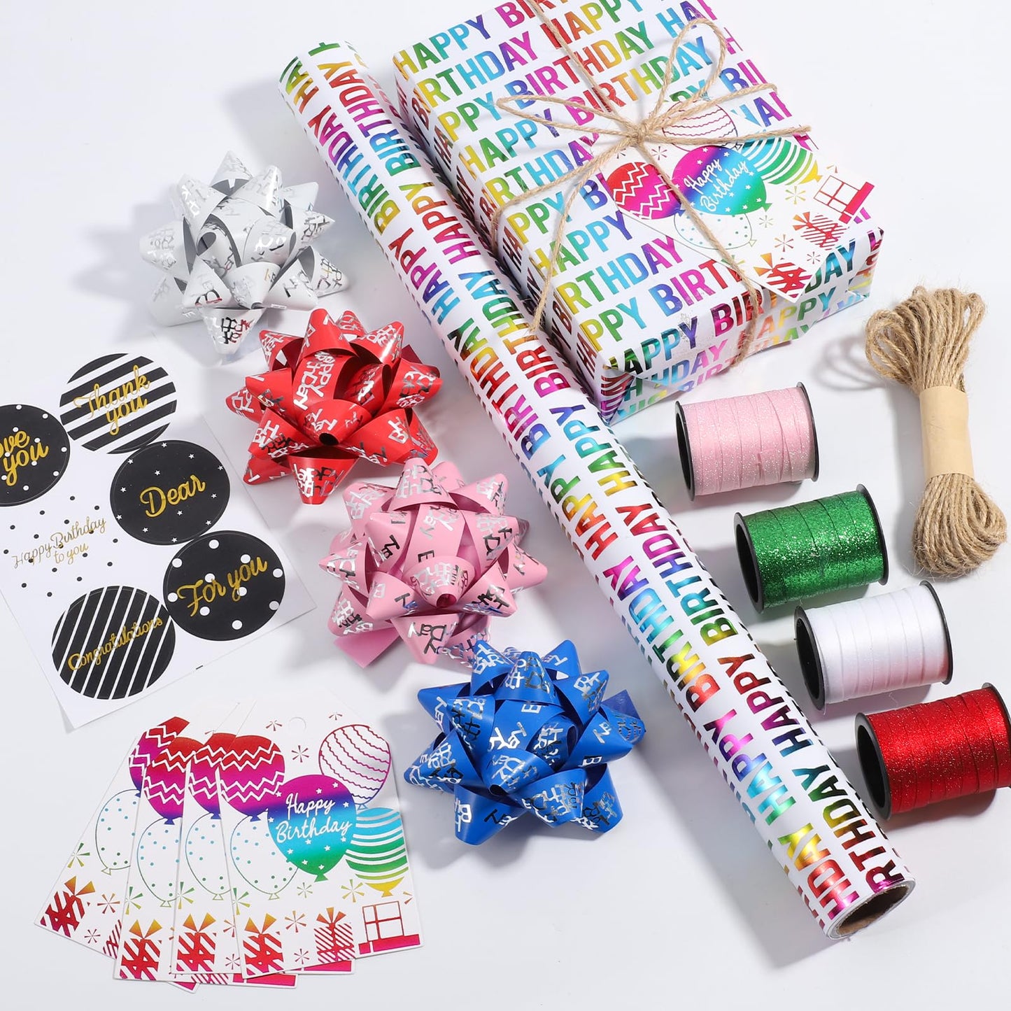 TIADYBOW Birthday Wrapping Paper Set 17" With Curling Ribbon,Gift Bows,Gift Tags Recyclable Gift Wrapping Birthday Baby Shower Handmade(16.5feet)