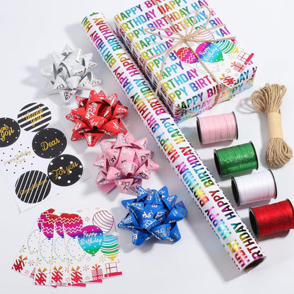 TIADYBOW Birthday Wrapping Paper Set 17" With Curling Ribbon,Gift Bows,Gift Tags Recyclable Gift Wrapping Birthday Baby Shower Handmade(16.5feet)