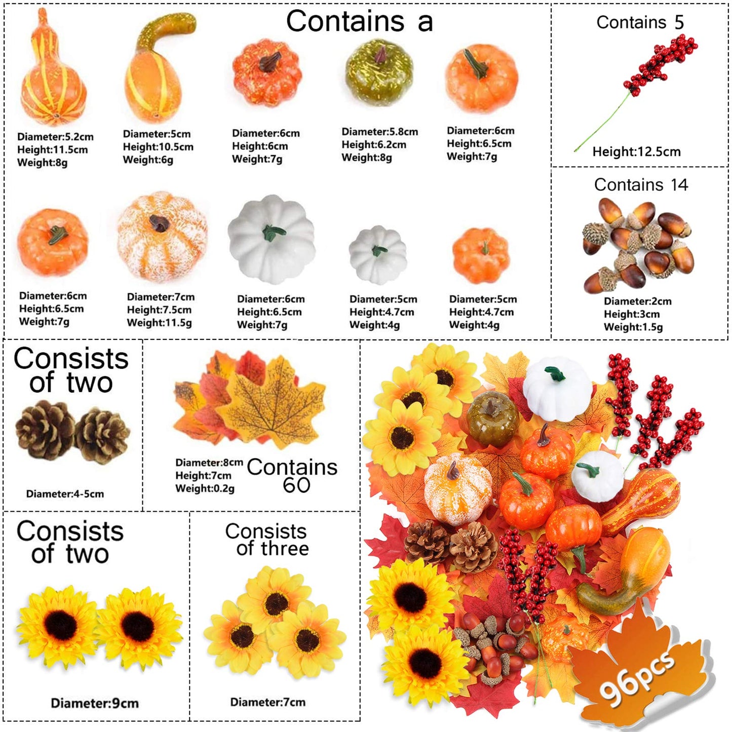 96Pcs Halloween Artificial Pumpkin and Gourd Maple Leaf Sunflower Red Fruit Pine Cone Acorn Harvest Mixed Small Fake Pumpkin Thanksgiving Halloween Party Decoration