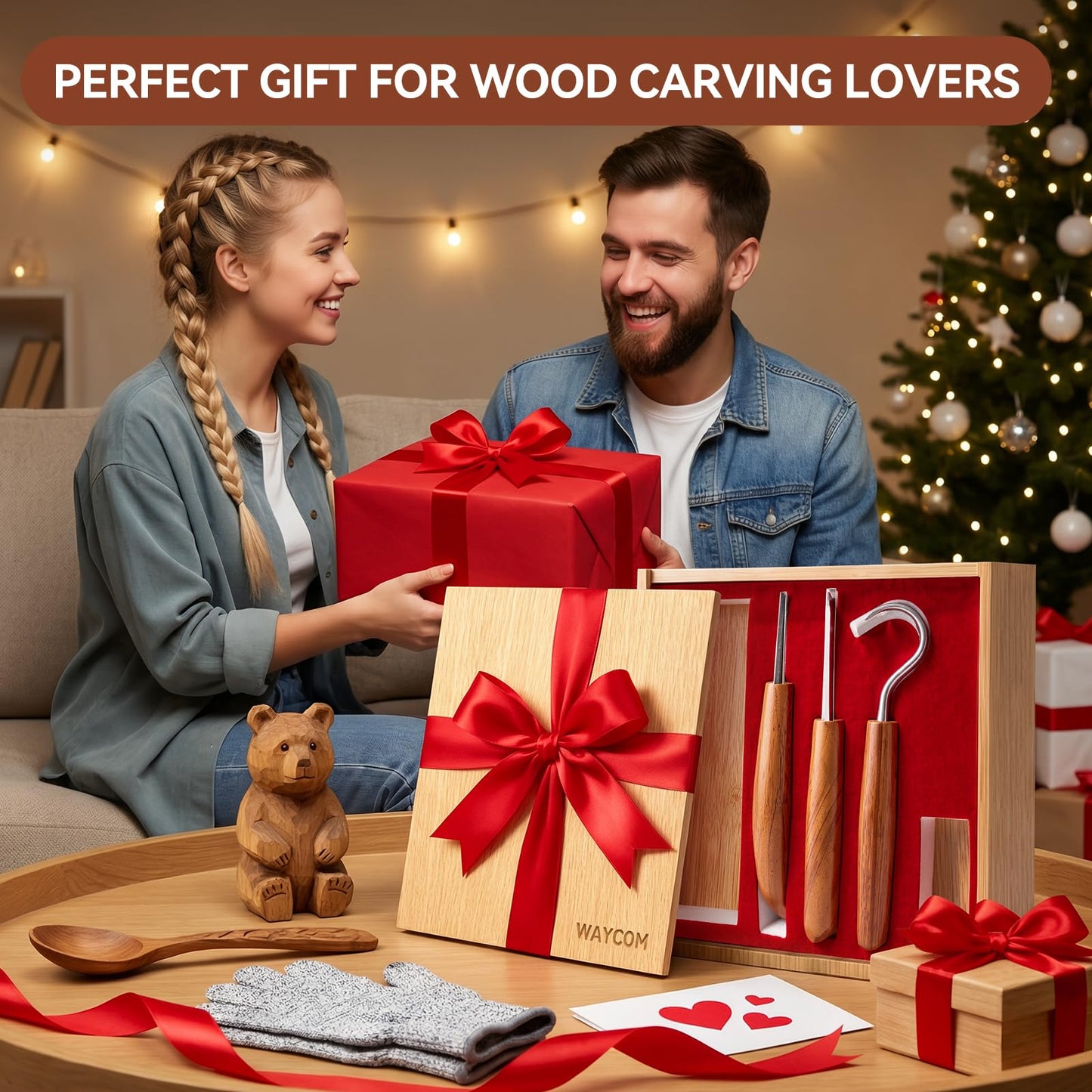 WAYCOM 12pcs Wood Whittling Kit Wood Carving Tools Set Hook Carving Knife,Detail Wood Knife,Whittling Knife Cut Resistant Gloves Leather Sheath And Bamboo Present Box For Spoon,Bowl,Cup
