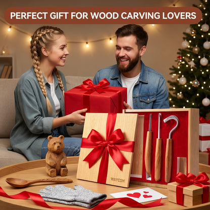 WAYCOM 12pcs Wood Whittling Kit Wood Carving Tools Set Hook Carving Knife,Detail Wood Knife,Whittling Knife Cut Resistant Gloves Leather Sheath And Bamboo Present Box For Spoon,Bowl,Cup