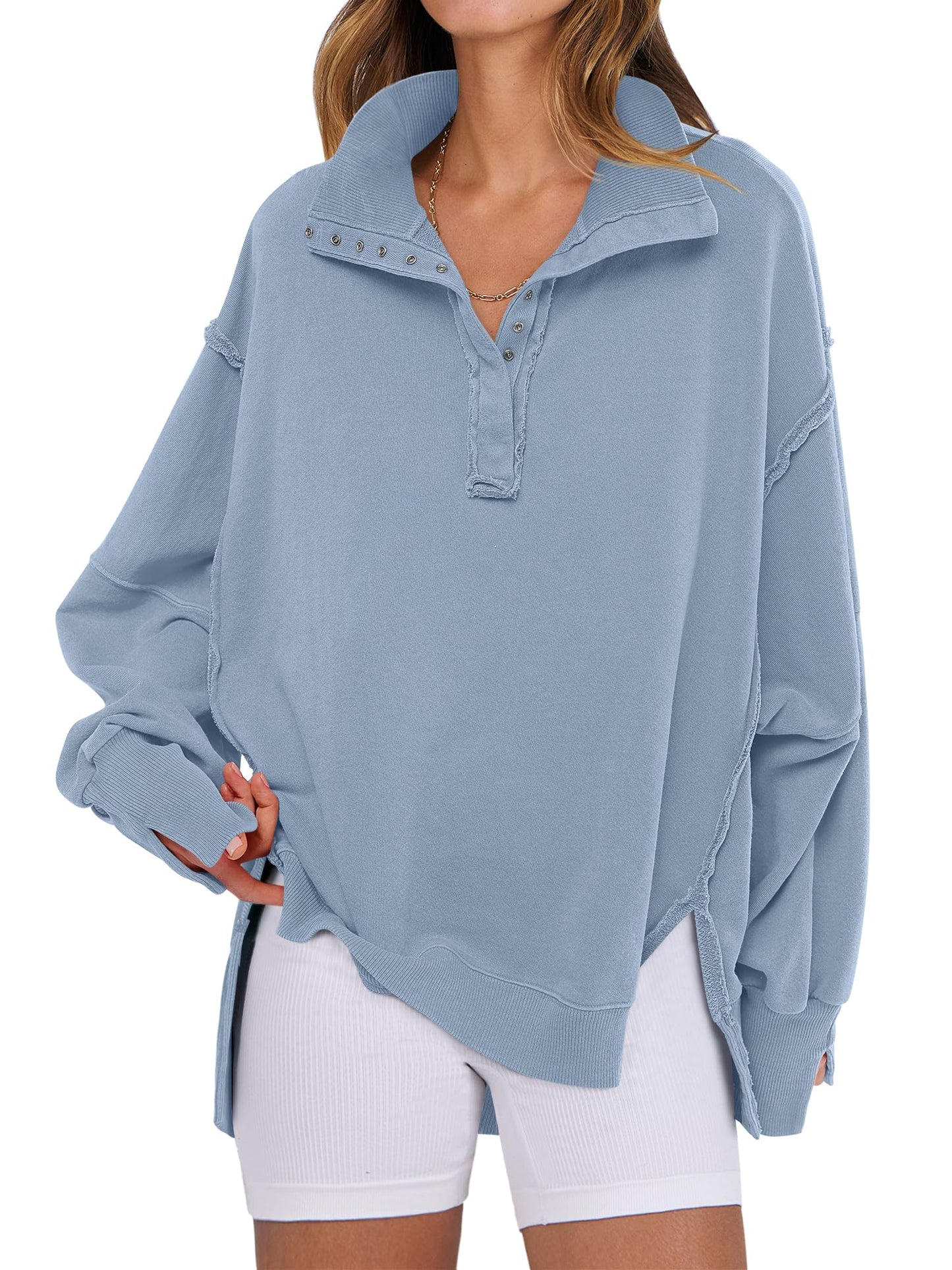 ANRABESS Women's Sweatshirts Oversized Casual Loose Button Up Henley Pullover Top High Low Split 2025 Fall Fashion Outfits
