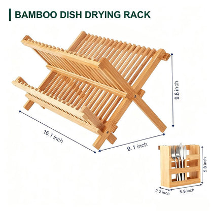 QUEENKAY Dish Drying Rack Collapsible 2-Tier Bamboo Dish Rack for Kitchen Counter Wooden Dish Drainer with Foldable Space-Saving Design for Dishes, Plates, and Cups