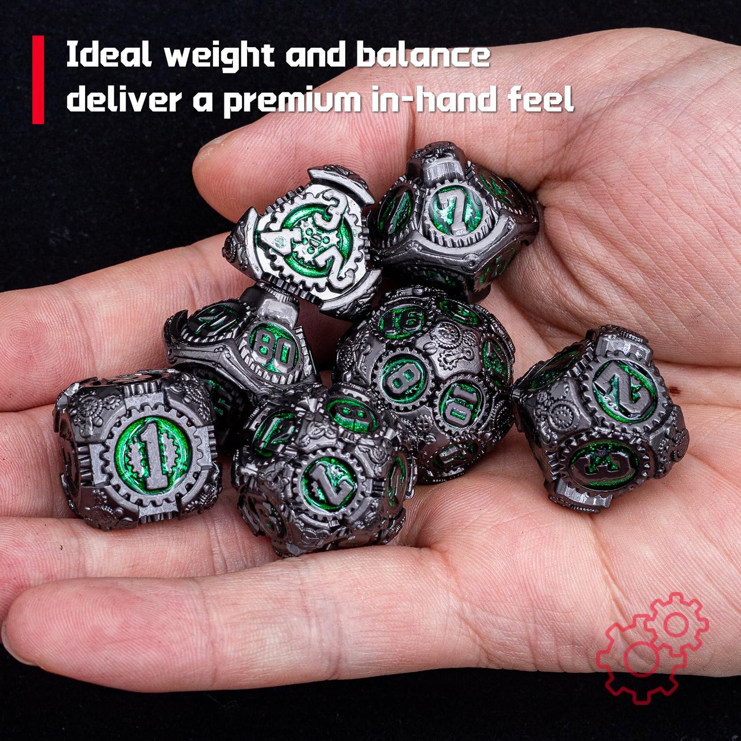 Rolledomain Metal DND Dice Set, Green Steampunk Machinist Gear Heavy Metal Dice Set with Gift Case, Dice Gift for D&D DM and Players, Designed for Dungeons and Dragon, MTG, TTRPG Role Playing Games