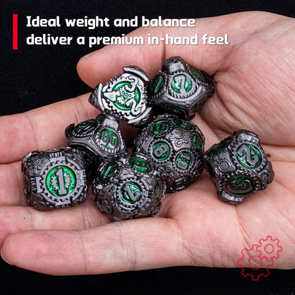 Rolledomain Metal DND Dice Set, Green Steampunk Machinist Gear Heavy Metal Dice Set with Gift Case, Dice Gift for D&D DM and Players, Designed for Dungeons and Dragon, MTG, TTRPG Role Playing Games
